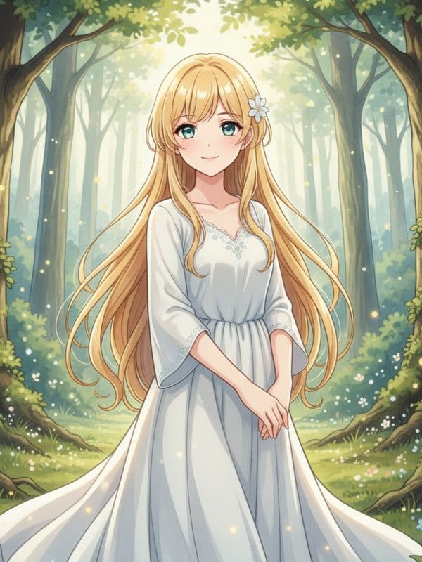 神秘的な森の中に立つアニメ風の少女のイラスト