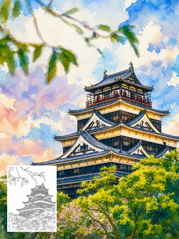 アップロードされた線画をもとに水彩画風の着色イラストに変換