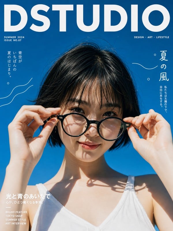 青空を背景にした夏らしい雑誌表紙風ポートレート