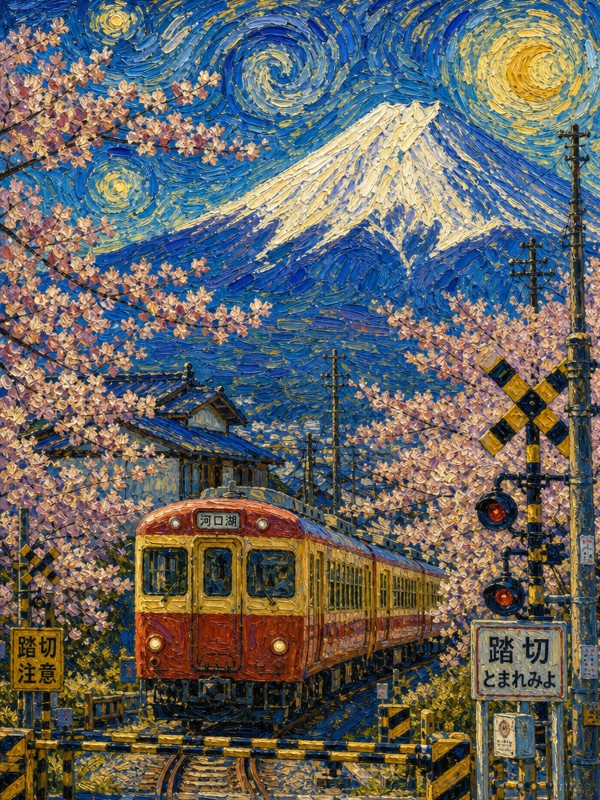 ゴッホ風の力強い厚塗りタッチで描いた富士山と桜踏切のある日本の風景画