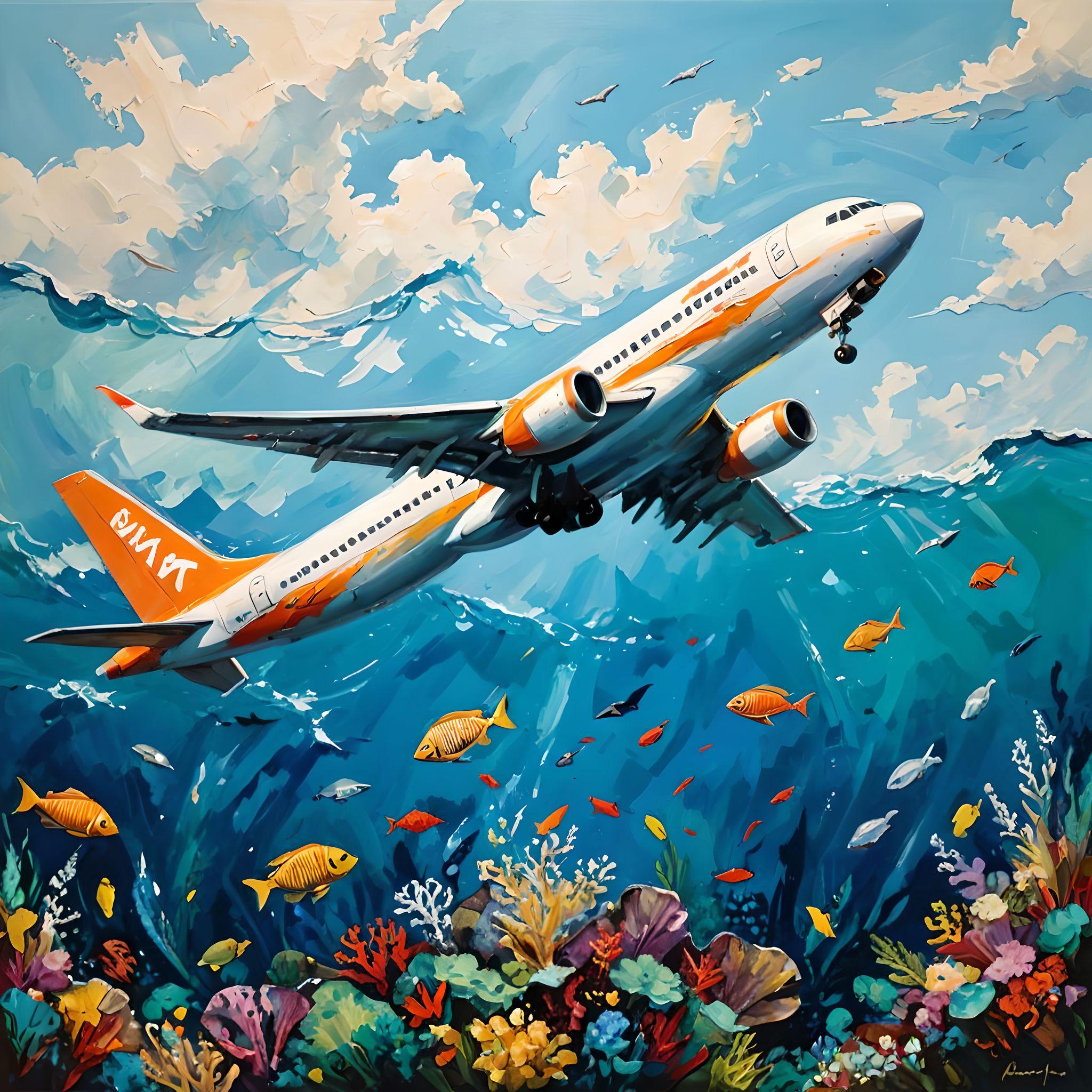 AI artwork prompt: An airplane under the sea