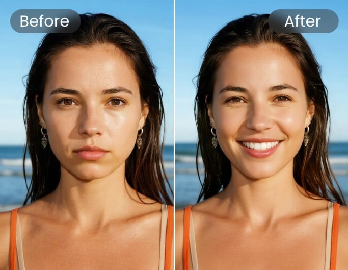 Before and after AI photo editing using text prompts to change a facial expression to a smile