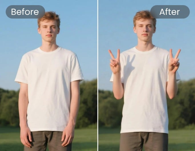 Before and after AI photo editing using text prompts to change pose in Fotor AI photo editor