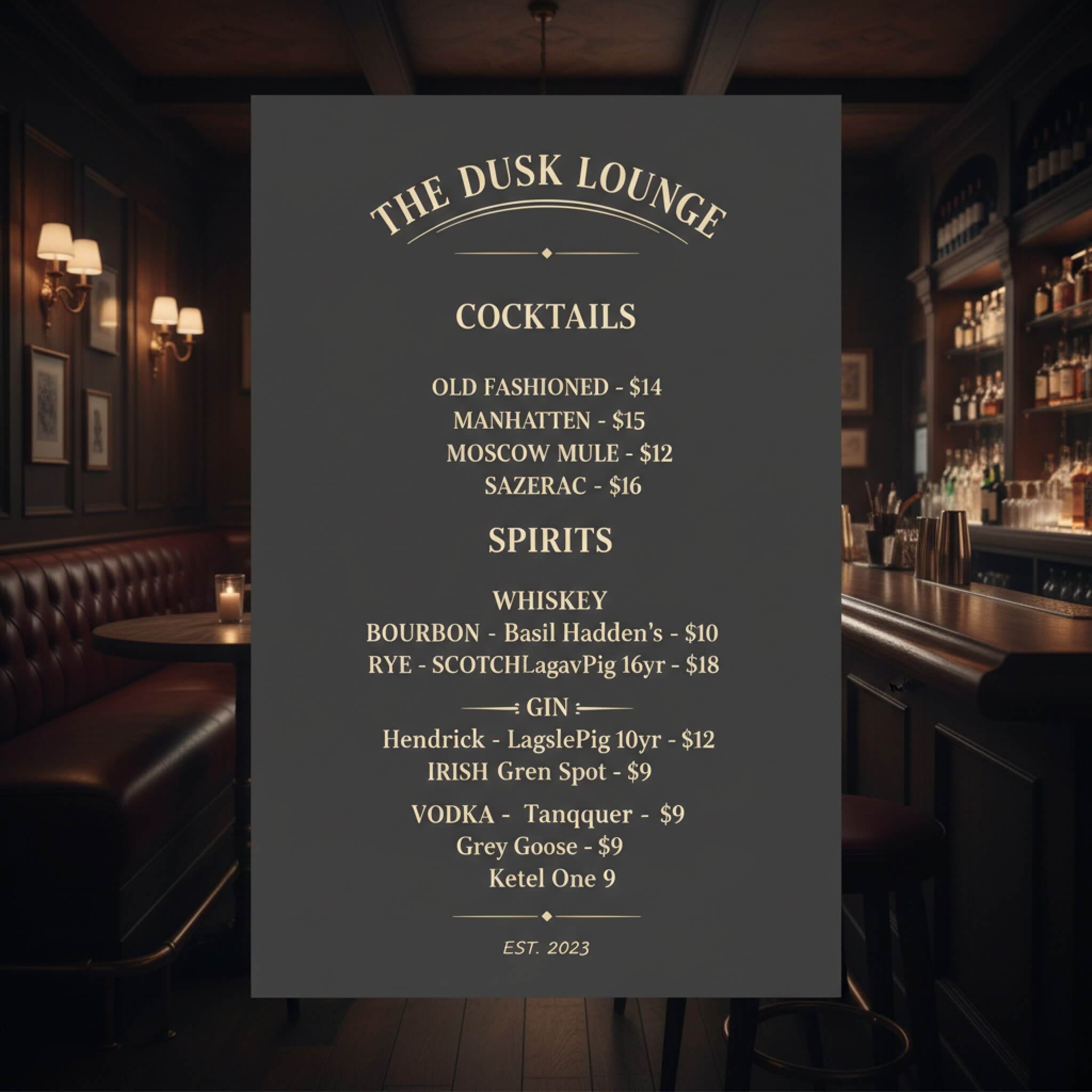 Speisekarte-Vorlage für klassische Bar