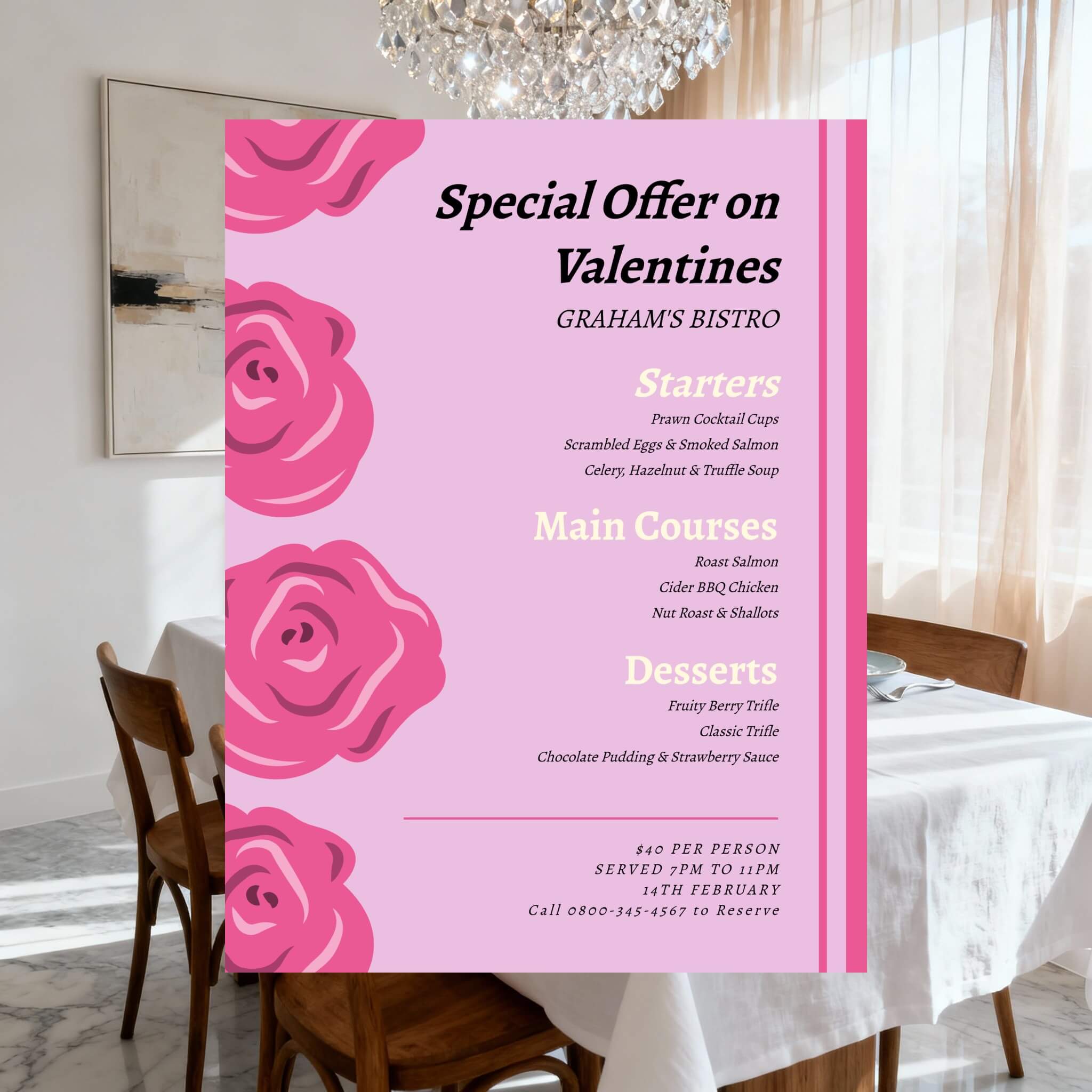 Speisekarte-Vorlage für klassischen Valentinstag