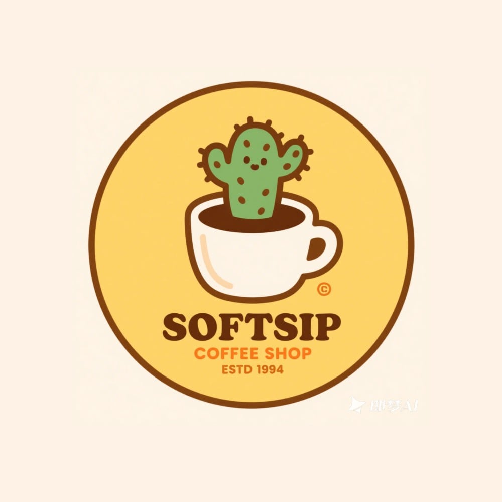 Cute cactus in coffee cup logo with retro typography softsip and warm colors