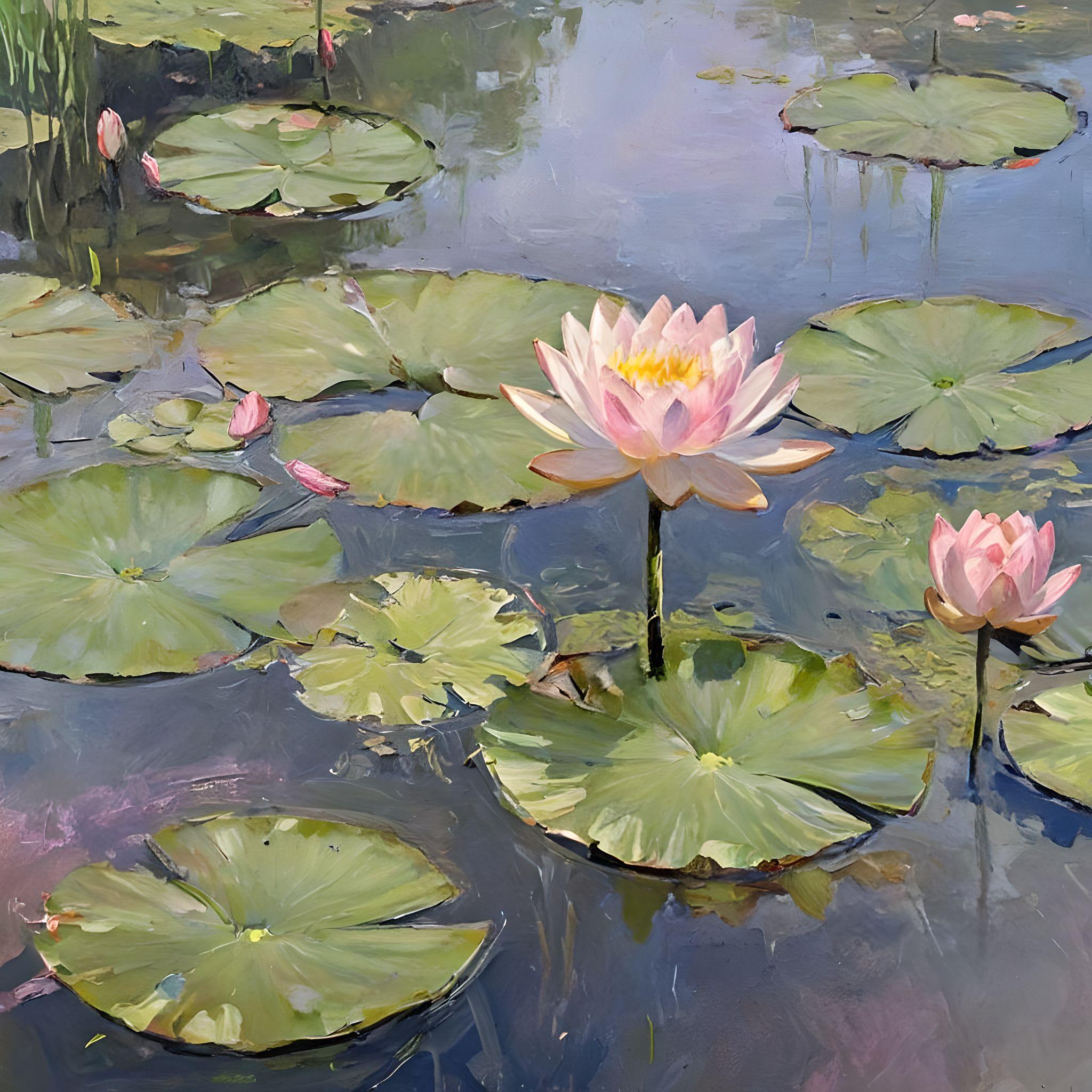 Garden tree lily pad lotus pink flower river water scenery impressionist