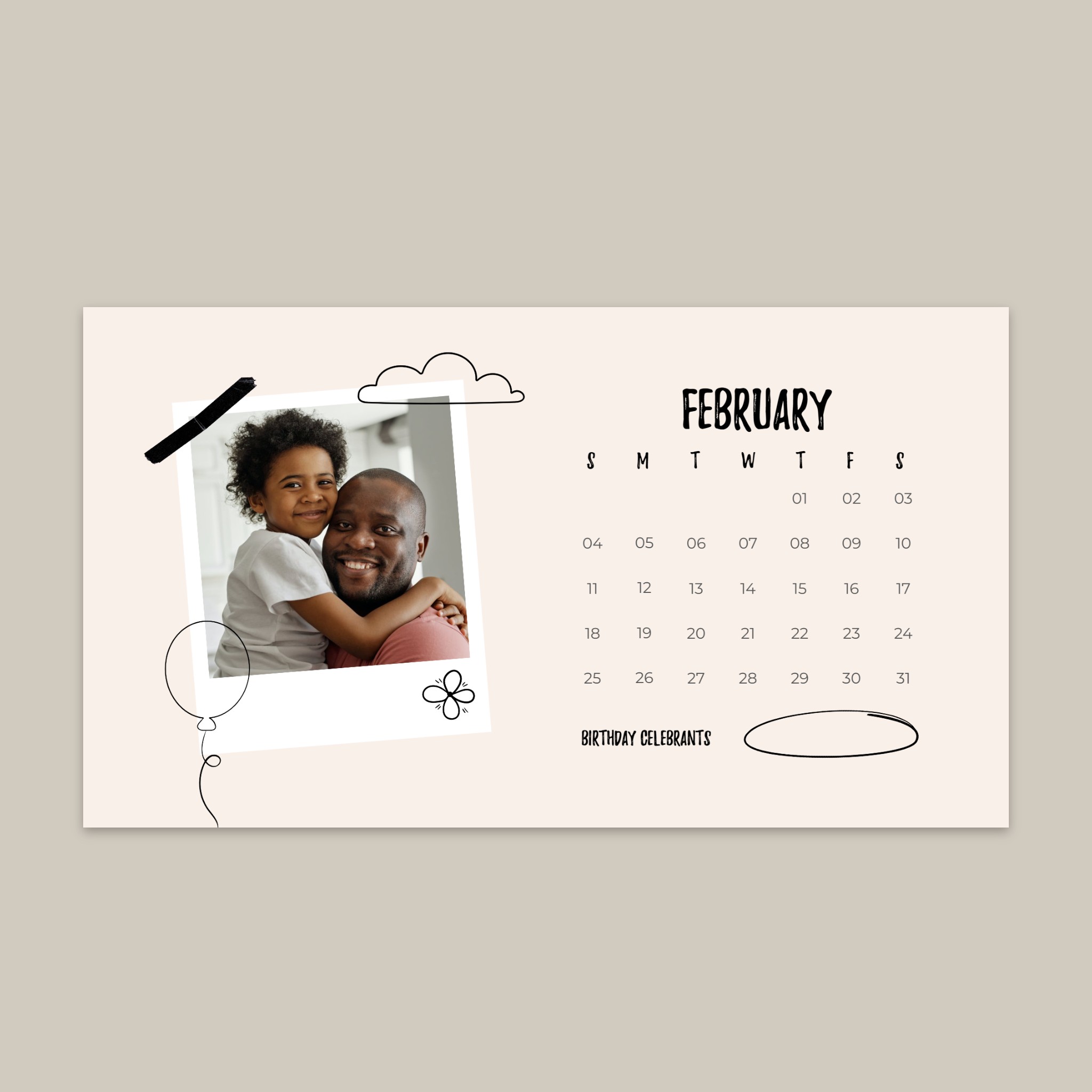 Calendrier photo portrait minimaliste généré avec Fotor