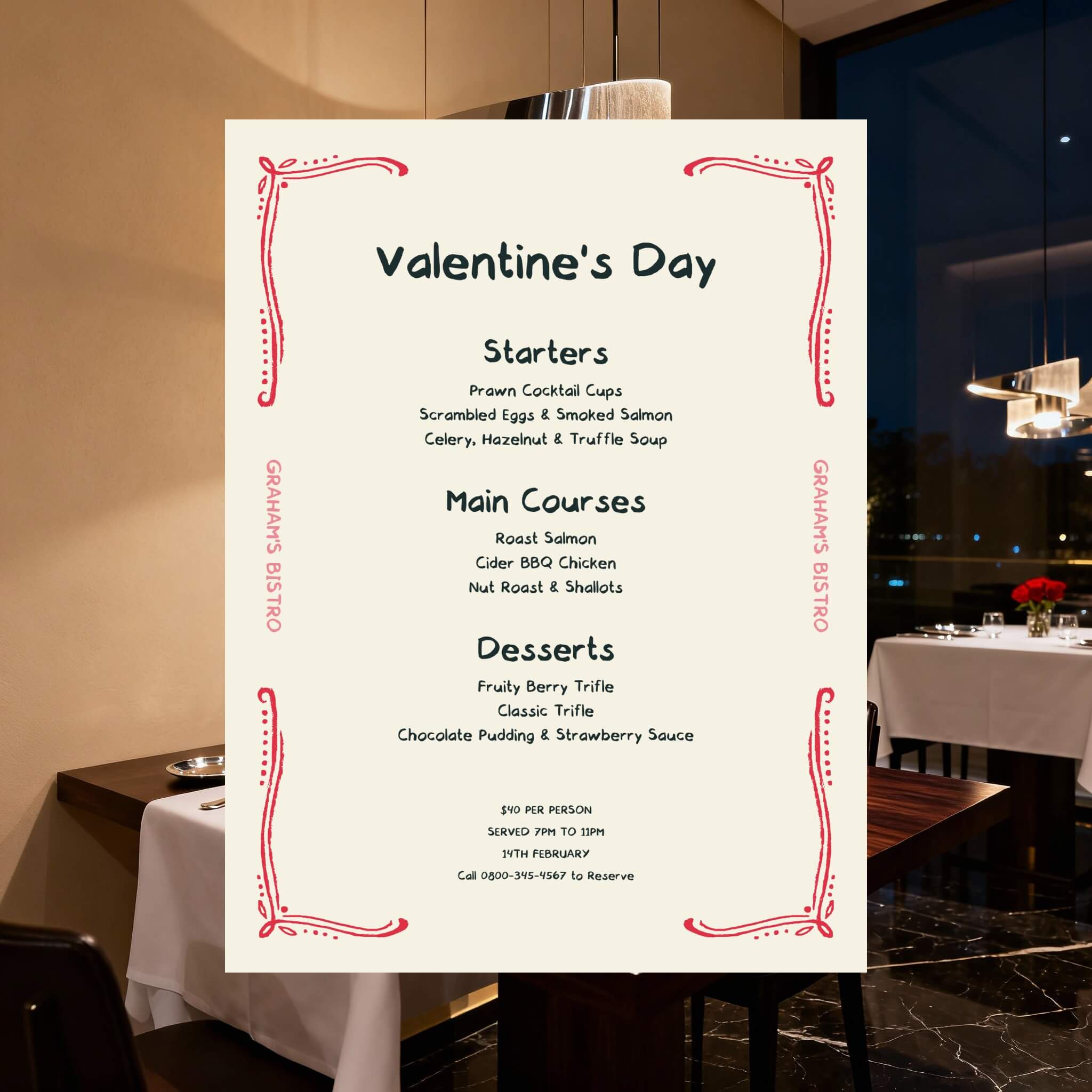 Speisekarte für minimalistischen Valentinstag