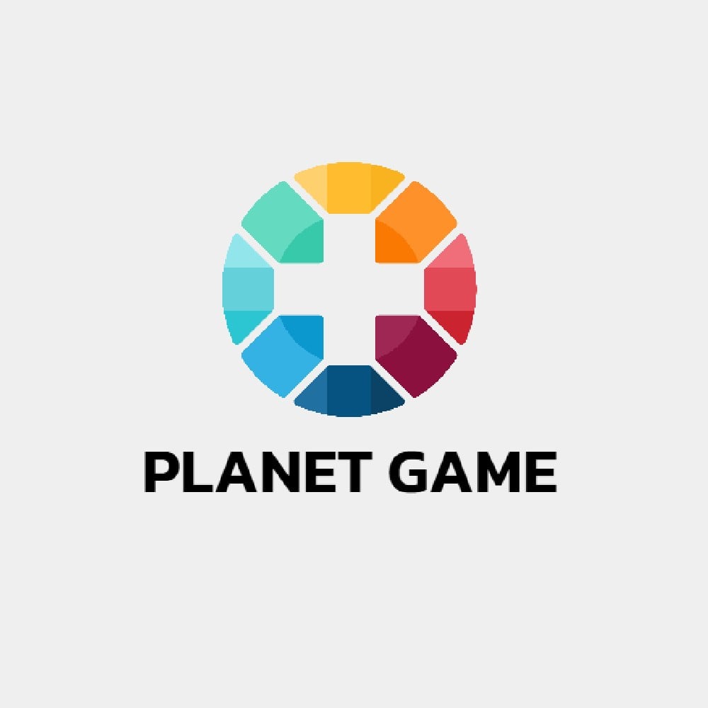 Modern rainbow geometric planet logo with bold black planet game text on white background