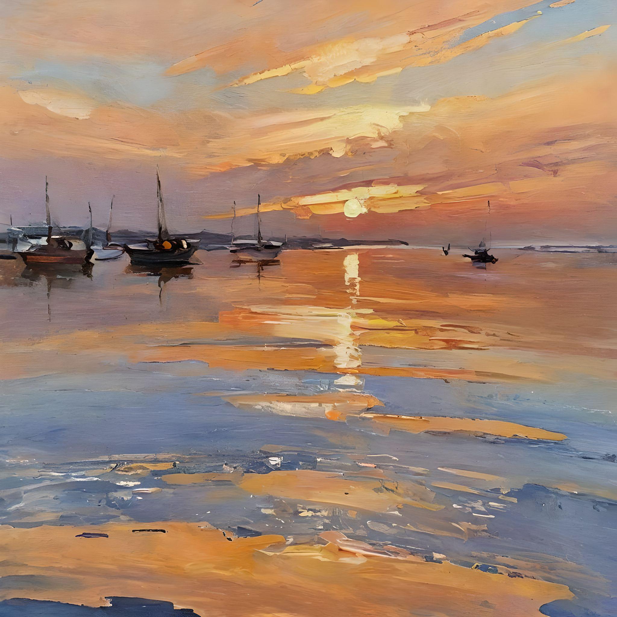 Ocean orange sky outdoors sunset water reflection watercraft boat impressionist