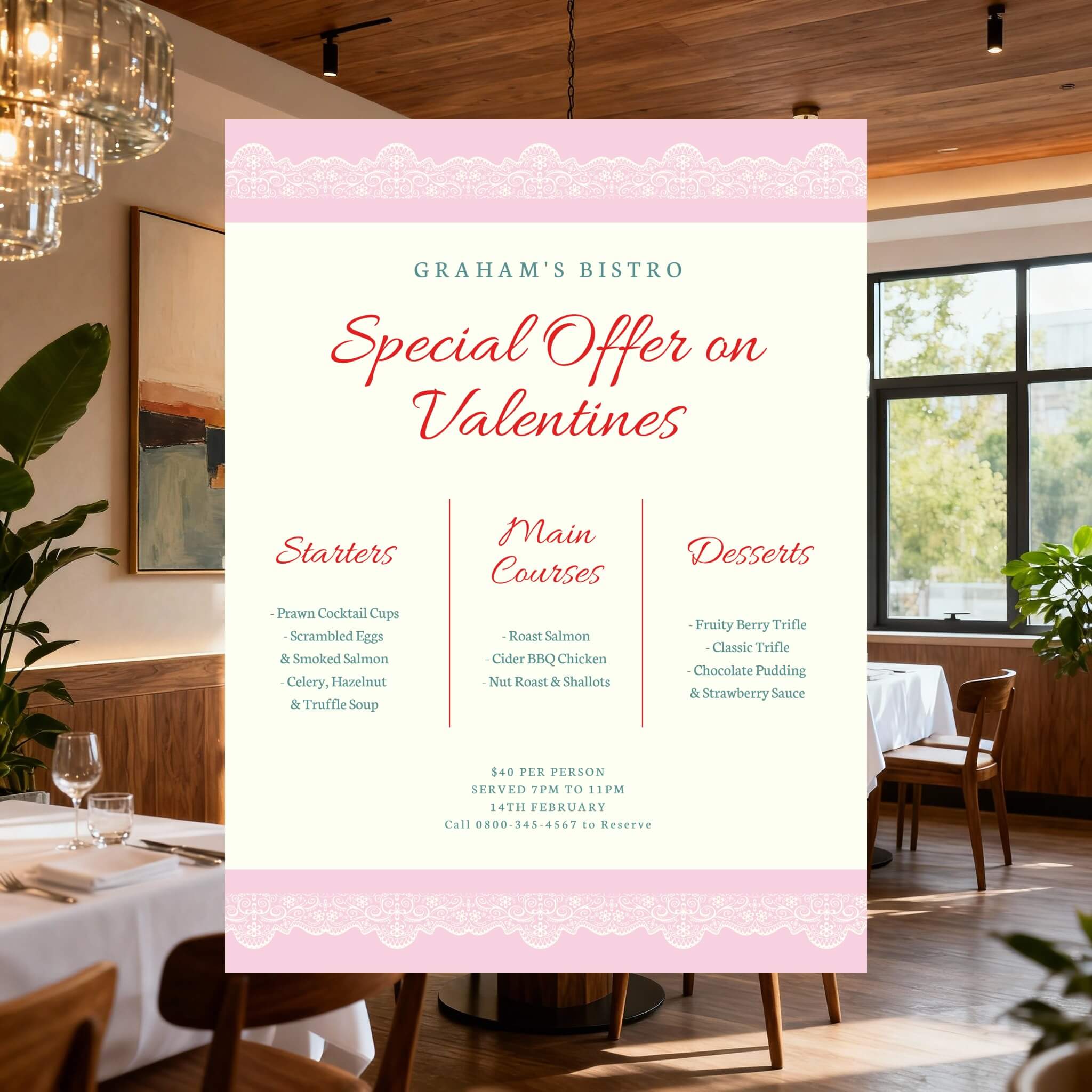 Speisekarte-Vorlage für rosa Valentinstag