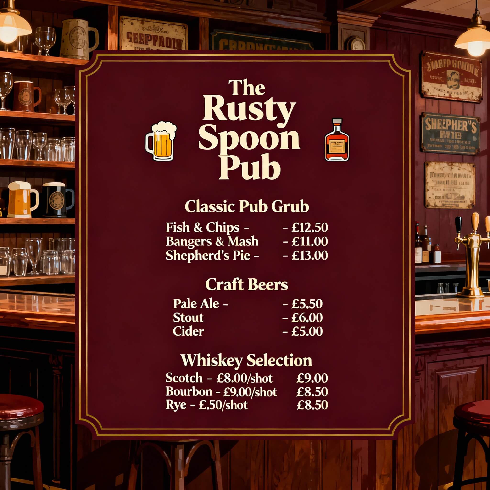 Speisekarte-Vorlage für Retro Pub