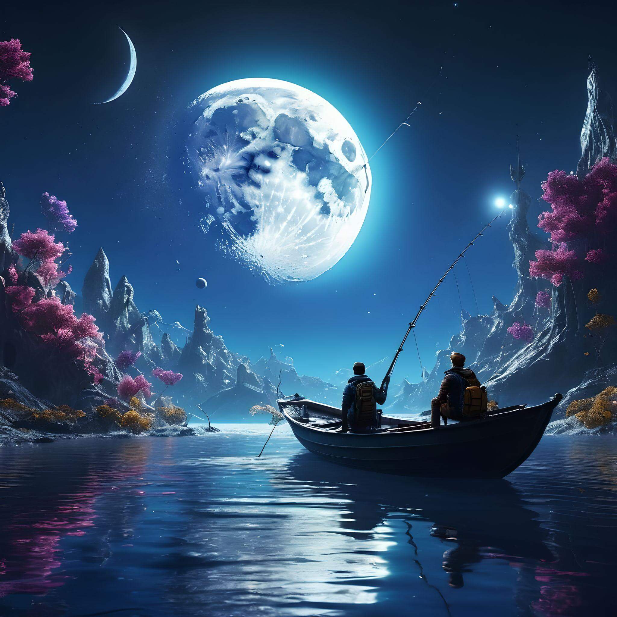 Two people were fishing in the canyon at night in a small boat generated by Fotor ai