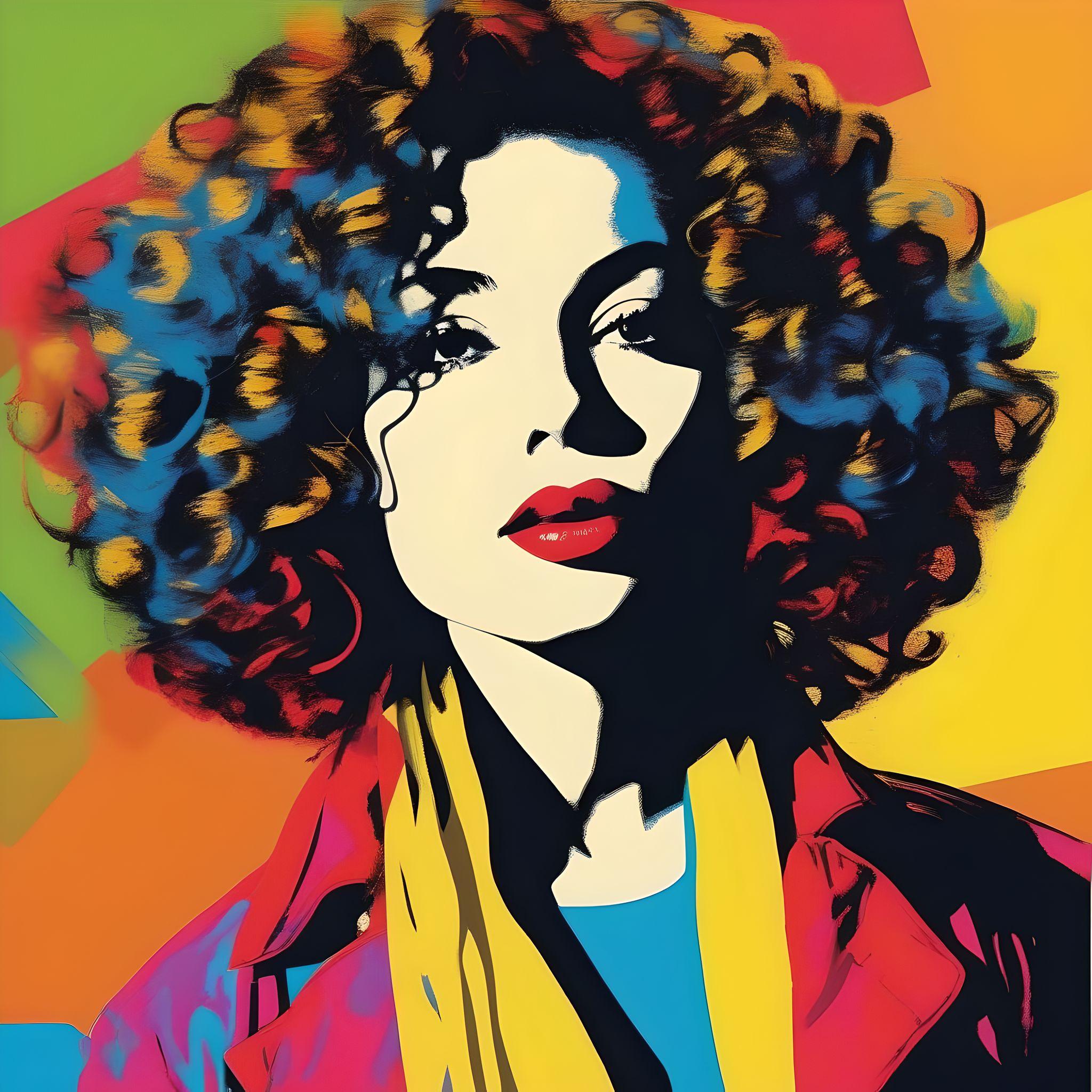 AI generated photo prompt: Woman with curly hair Pop Art in the style of Andy Warhol