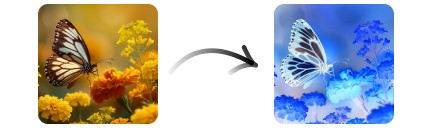 Before and after comparison of butterfly and flowers photo inverted colors