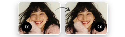 Image bannière pour téléphone montrant la fonction agrandir une image sans perte de qualité en ligne gratuitement pour une femme souriante