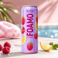 A product thumbnail of a beverage can against a swimming pool background