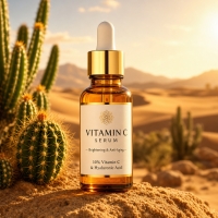 A product thumbnail of a skincare serum against a desert background