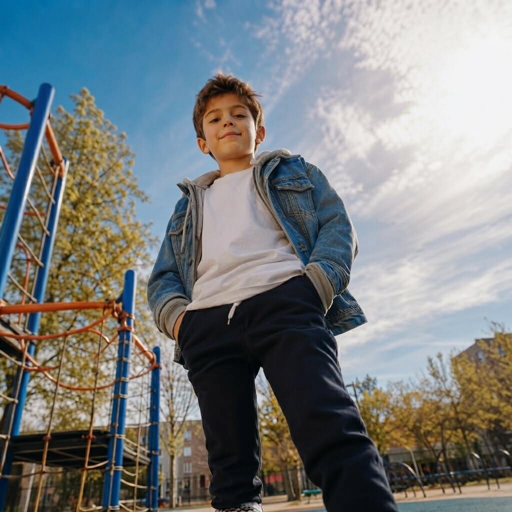 Square sample boy photo with a low angle view