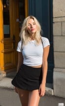 The thumbnail of a woman in white t shirt and a black dress