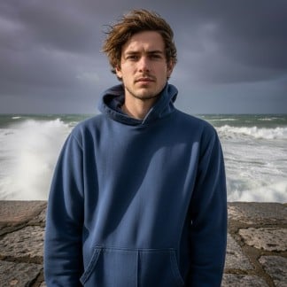 Image montrant un homme portant un sweat à capuche bleu foncé