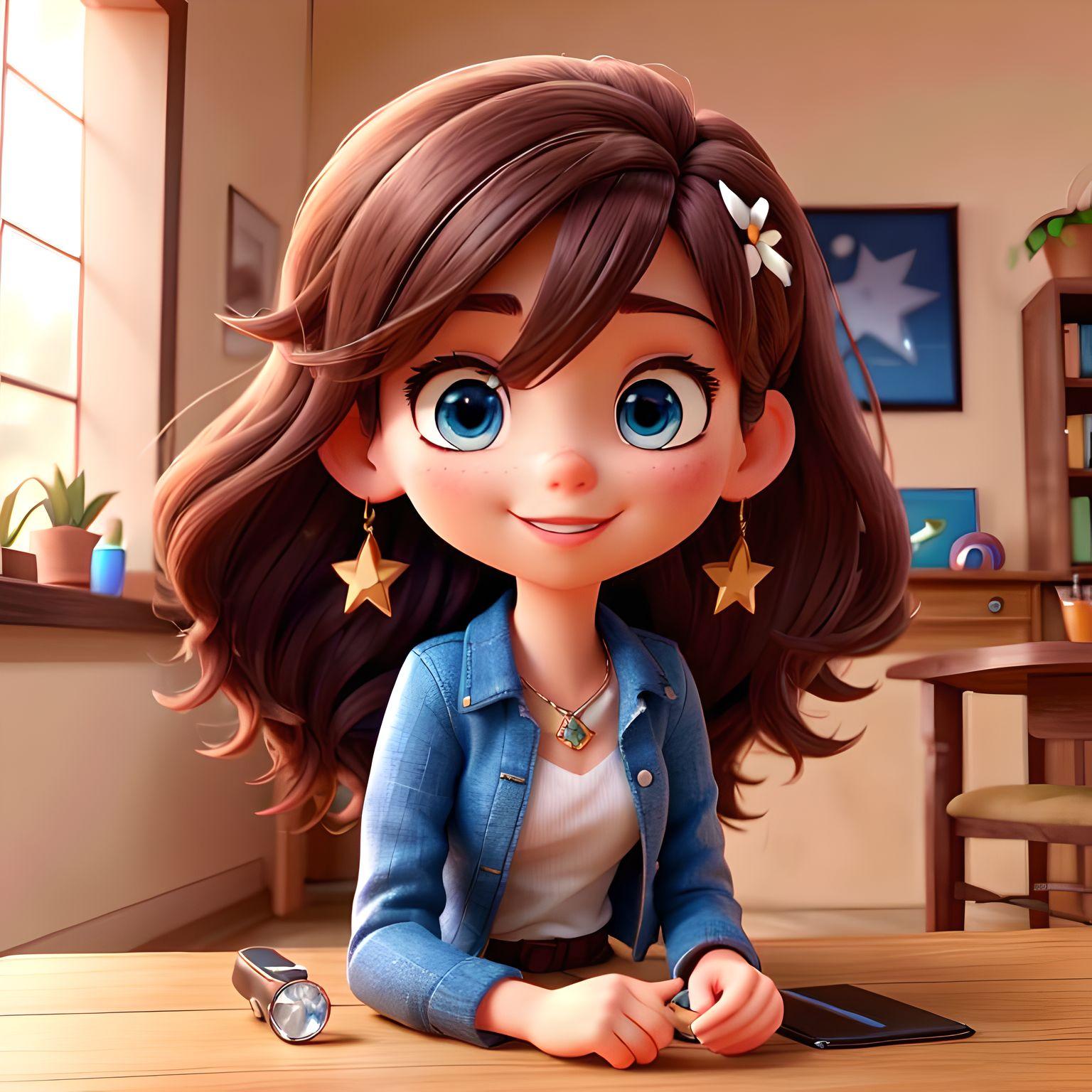 3D卡通风格，1个女孩，长发，坐在桌子旁，蓝眼睛