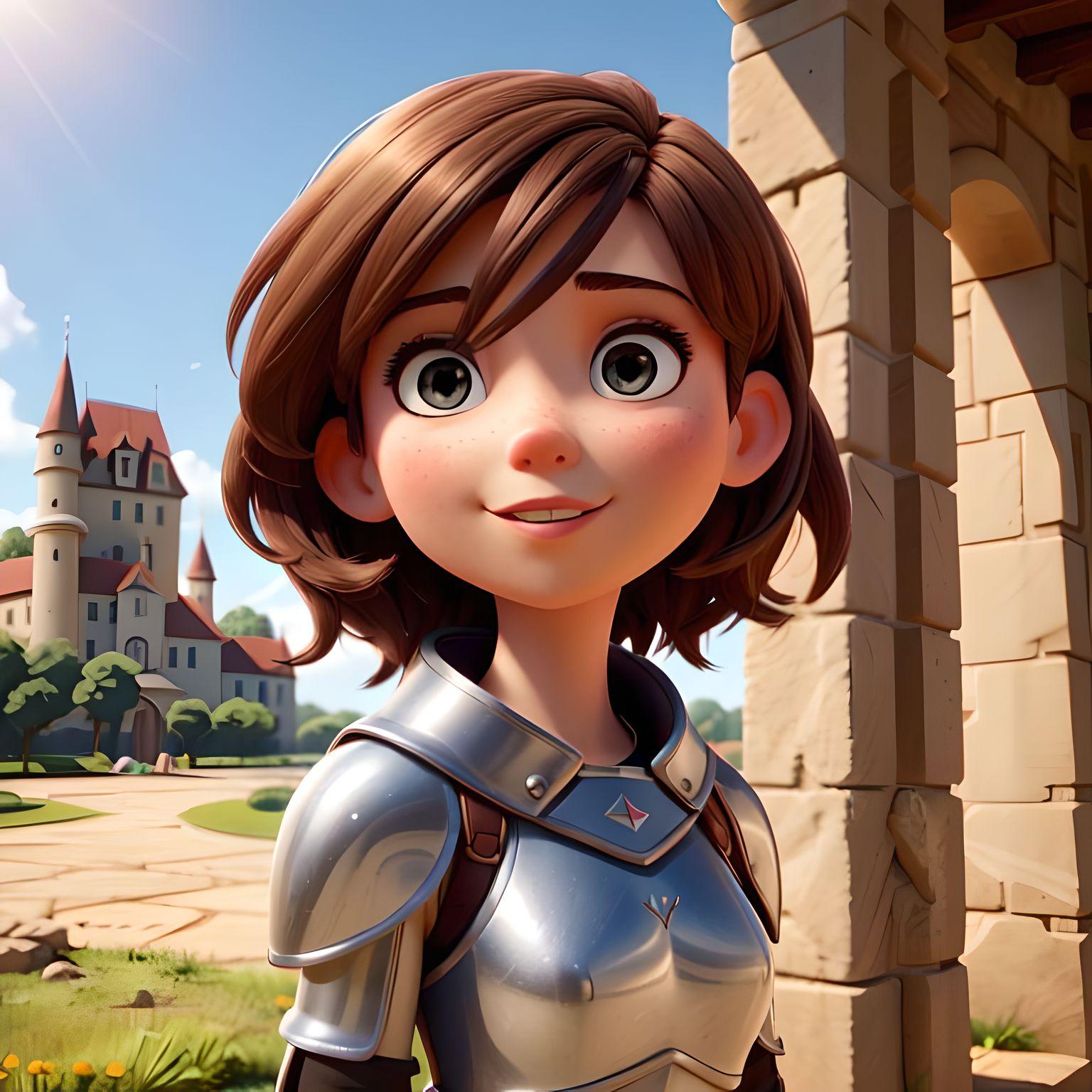 3D卡通风格，女孩的3D肖像，中世纪盔甲，金属反射