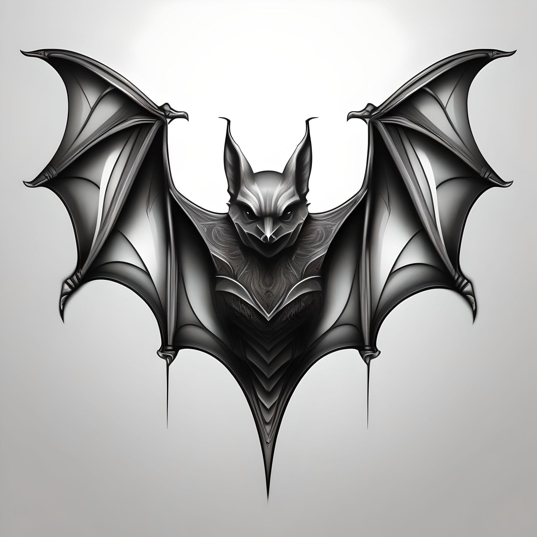 3d effect bat tattoo in black and grey color with pure white background
