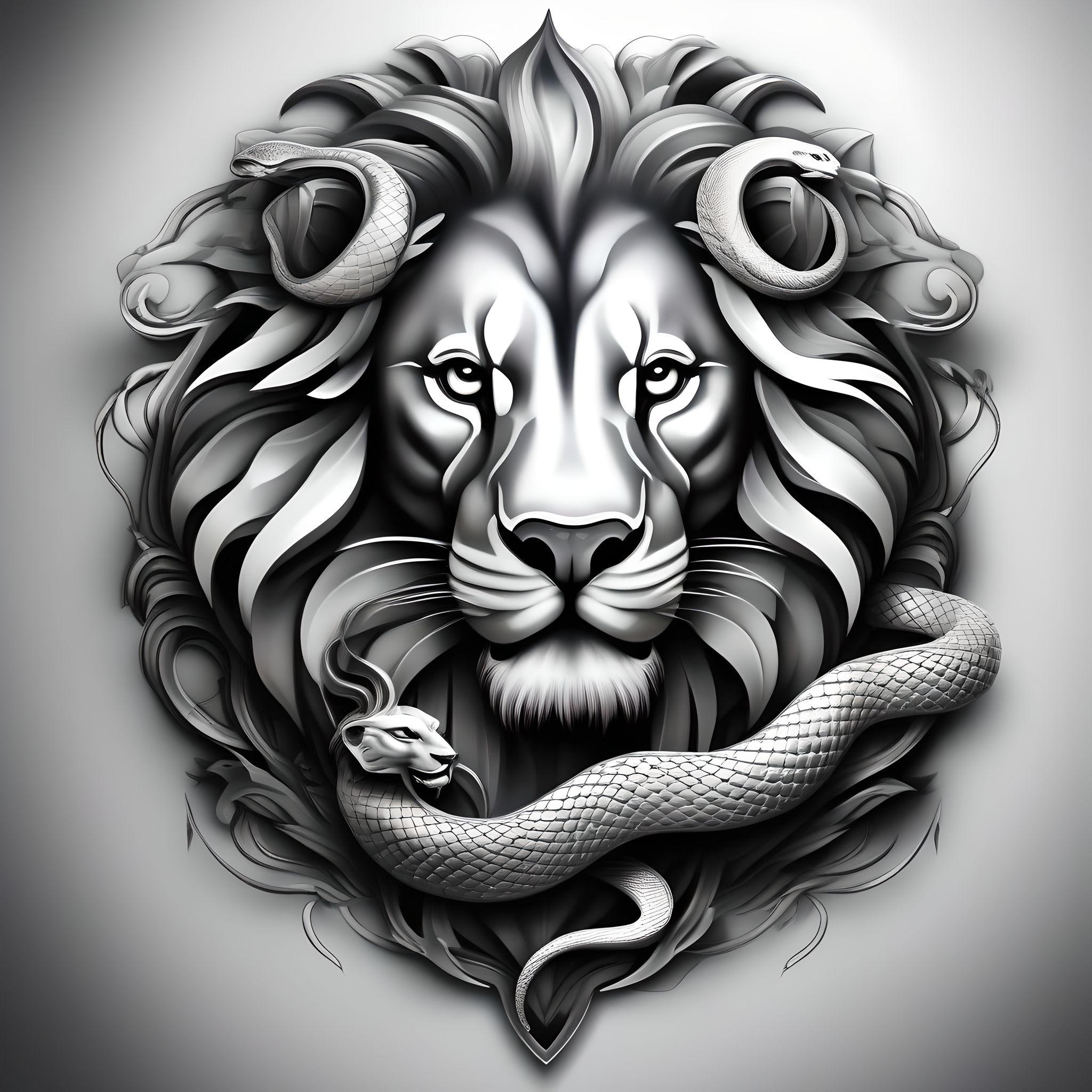 3d effect lion and snake tattoo in dark black and grey color with pure white background