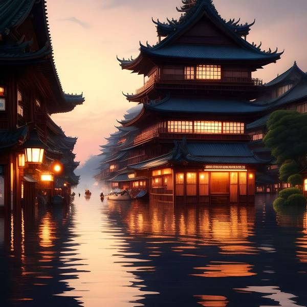 A Miyazaki style waterfront ai landscape made by ai landscape generator