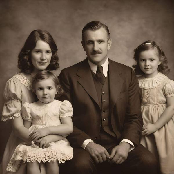 A retro style family portrait generated by AI for a young couple with two daughters