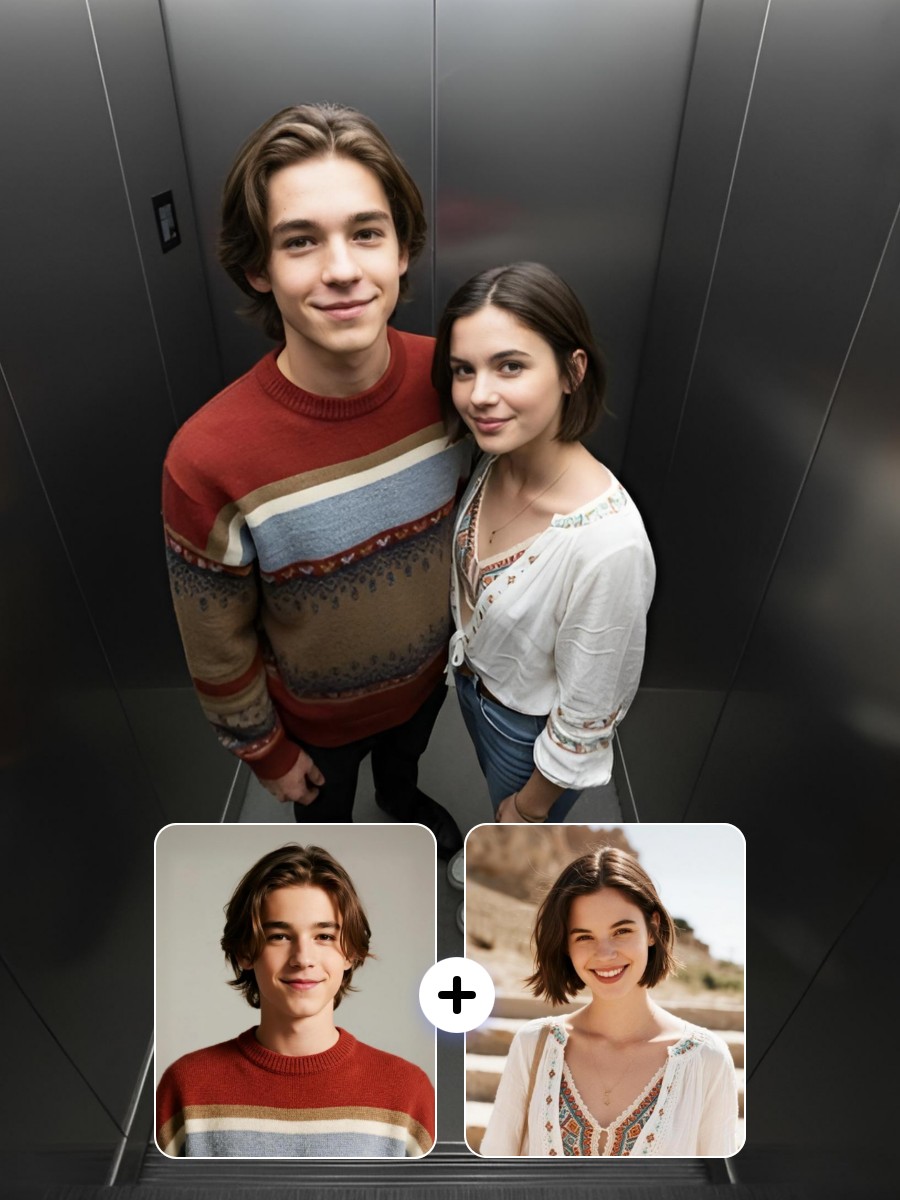 AI elevator photo example featuring a couple in casual wear