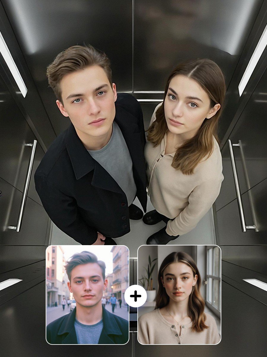AI elevator picture example featuring a couple in suit and sweater