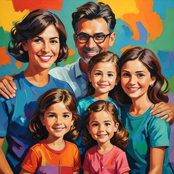 AI generated cartoon style family portrait of a family of six