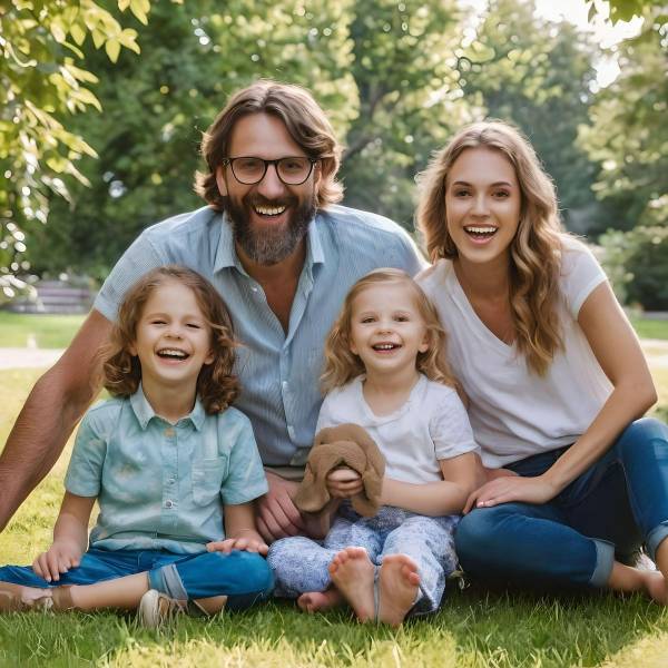 AI generated family portrait of a young couple and two daughters playing on the grass