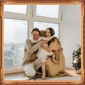 Add a wooden frame to a photo of a family hugging