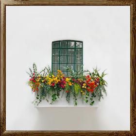 Add a wooden frame to a photo of a flower covered windowsill