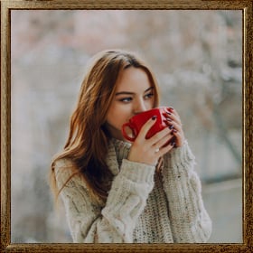 Add a wooden frame to a photo of a girl drinking water
