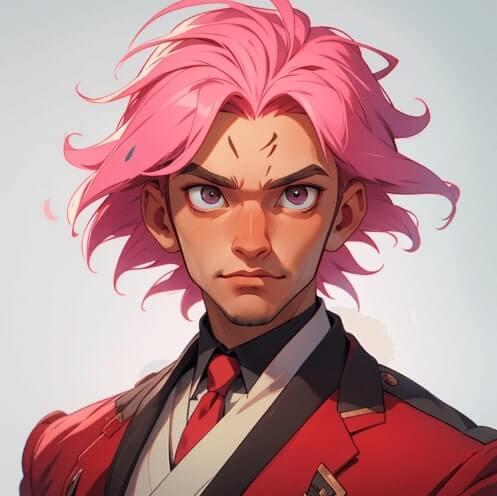 FotorのAI顔ジェネレーターで生成されたピンクのショートヘアのアニメの少年の顔のポートレート