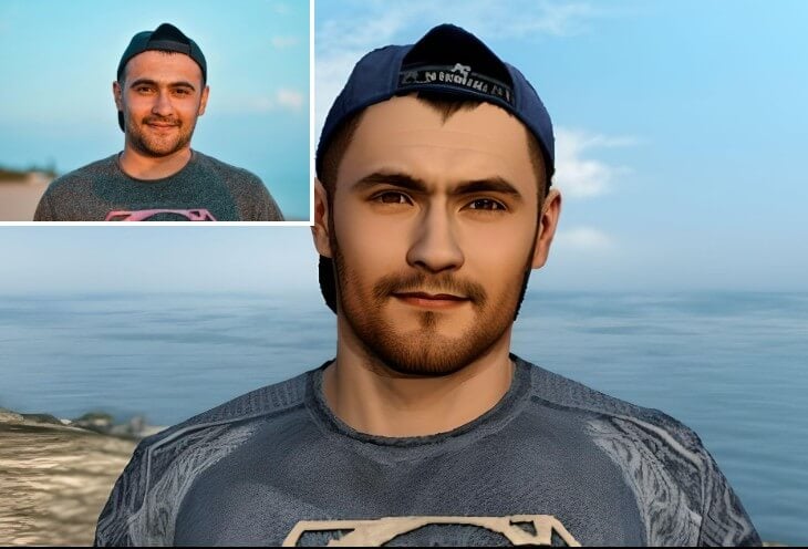 Before and after example of turning a male photo into videogame character using Fotor PS2 fliter online