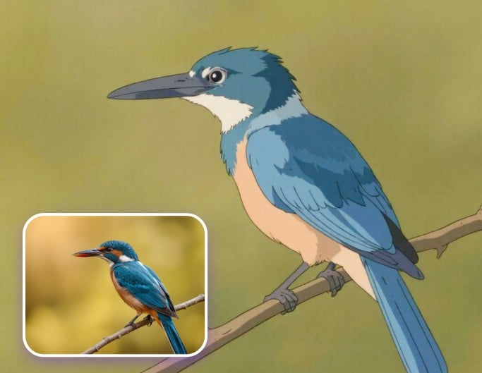 Image avant/après d'un oiseau bleu réimaginé dans le style Ghibli artistique avec le filtre Ghibli