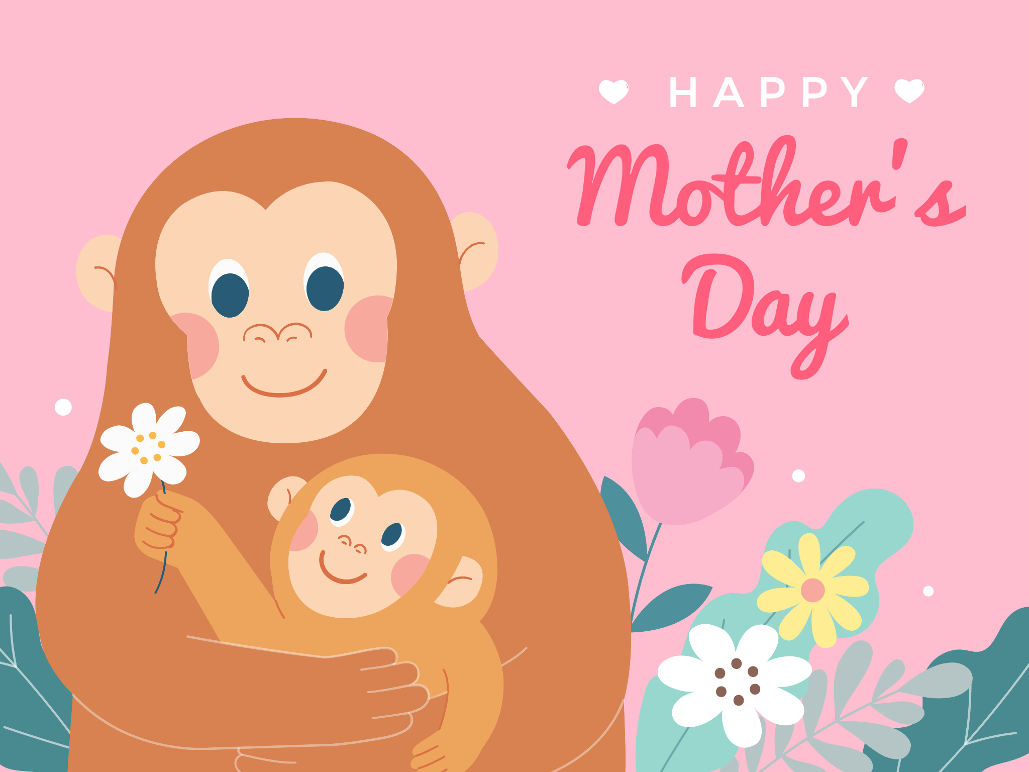 Pink Cute Monkey Illustration Mothers Day Card