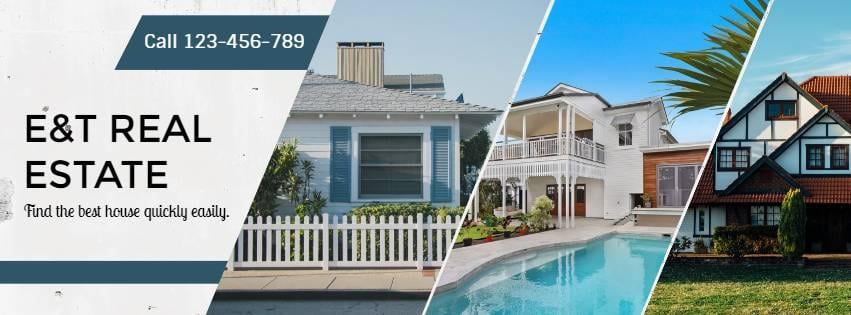 Plantilla de portada de Facebook de banner inmobiliario azul y blanco