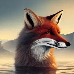 Fotor AIによって生成されたリアルな湖の中のキツネ