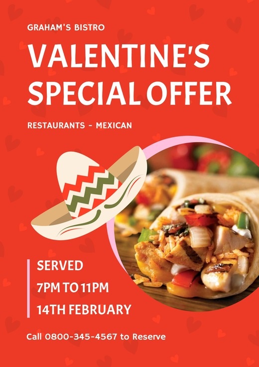 Red Valentines Day Restaurant Special Offer Flyer