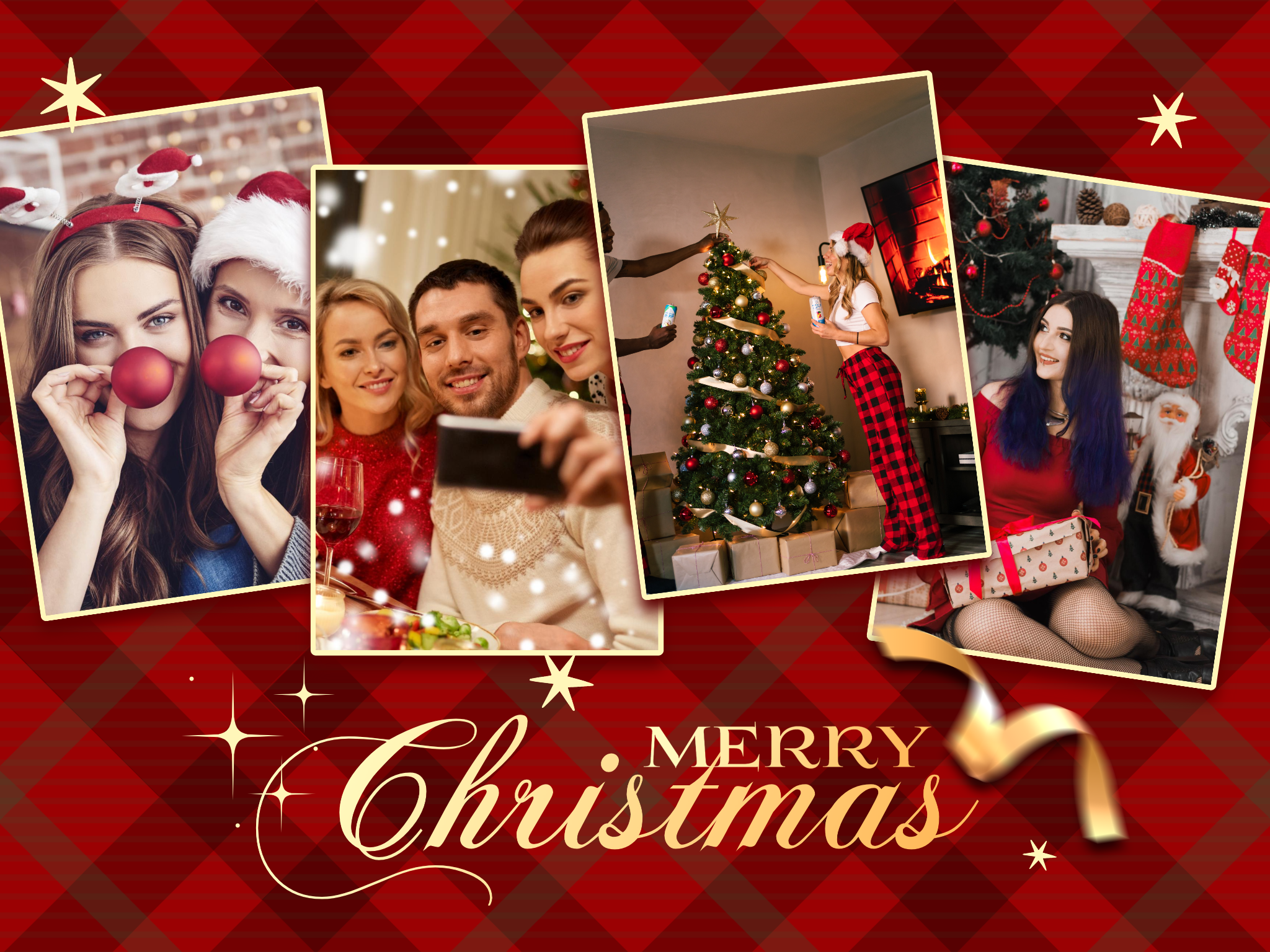 Red and Golden Christmas Family Photo Card