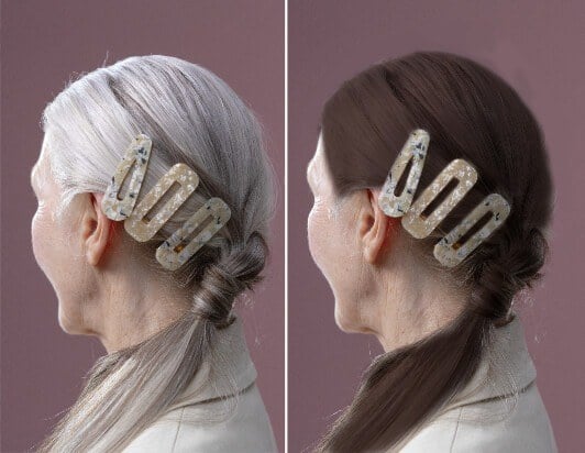 Resultados antes y después de personas mayores probándose diferentes colores de cabello