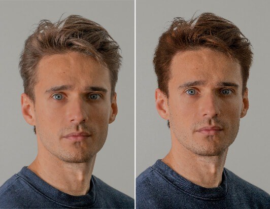 Resultados antes y después de un hombre usando un simulador de color de cabello