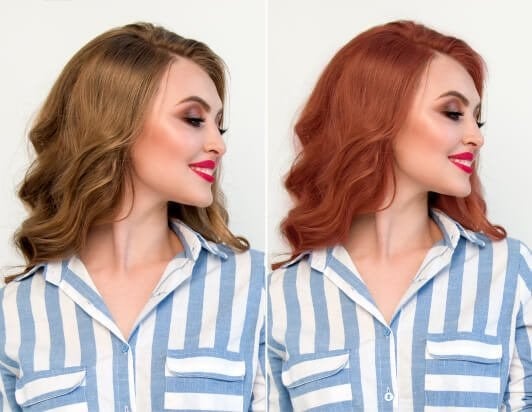 Resultados de antes y después de una niña que usa un filtro de color de cabello